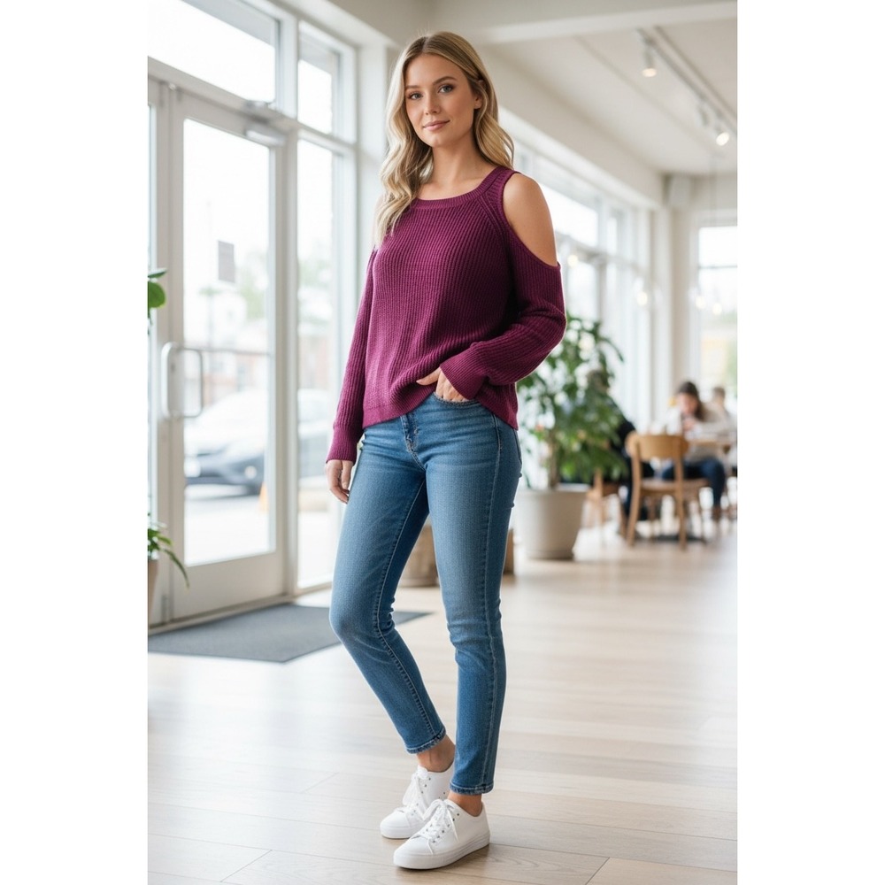 Hollister Cold Shoulder Ribbed Knit Sweater Burgundy Size L